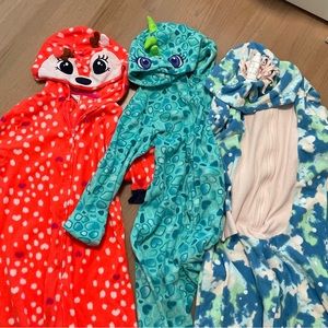 3 onesies / one piece zip-front fleece fawn deer, dino, unicorn